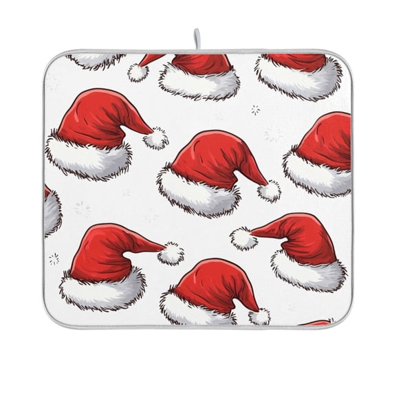 Yayeee Dish Drying Mat for Kitchen Counter 16"x18" Microfiber Absorbent Pad, Red Santa Hats Pattern