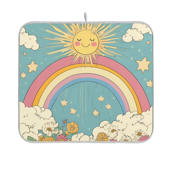 Yayeee Dish Drying Mat for Kitchen Counter 16"x18" Microfiber Absorbent Pad, Retro Beige Rainbow
