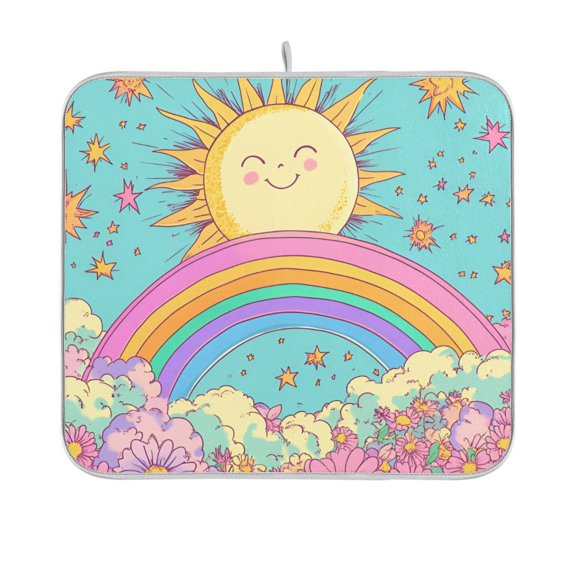 Yayeee Dish Drying Mat for Kitchen Counter 16"x18" Microfiber Absorbent Pad, Retro Blue Rainbow
