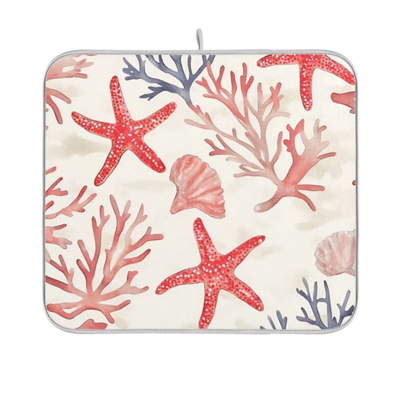 Yayeee Dish Drying Mat for Kitchen Counter 16"x18" Microfiber Absorbent Pad, Starfish Seashell