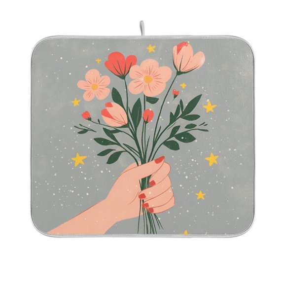 Yayeee Dish Drying Mat for Kitchen Counter 16"x18" Microfiber Absorbent Pad, Stars Flower