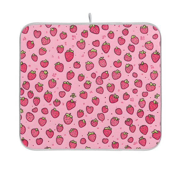 Yayeee Dish Drying Mat for Kitchen Counter 16"x18" Microfiber Absorbent Pad, Strawberry Bliss