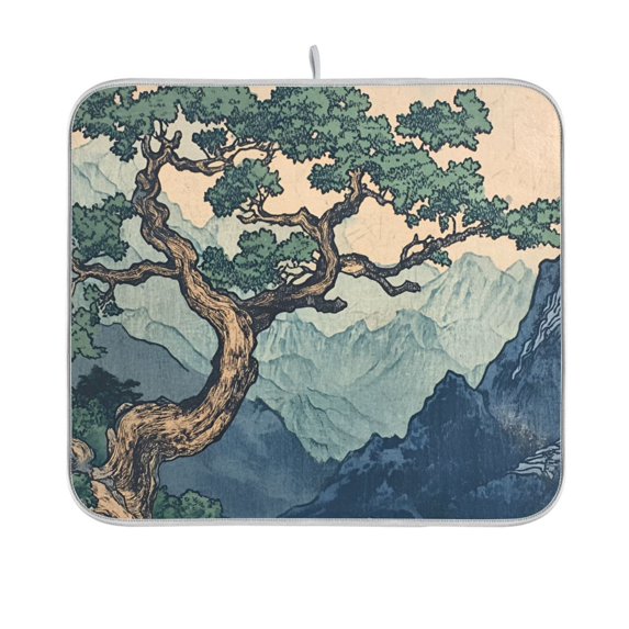 Yayeee Dish Drying Mat for Kitchen Counter 16"x18" Microfiber Absorbent Pad, Tree in The Mountains