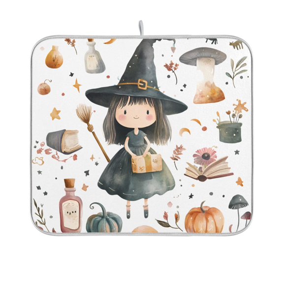 Yayeee Dish Drying Mat for Kitchen Counter 16"x18" Microfiber Absorbent Pad, Watercolor Halloween Girl