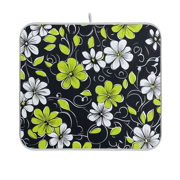 Yayeee Dish Drying Mat for Kitchen Counter 16"x18" Microfiber Absorbent Pad, White Flower Pattern