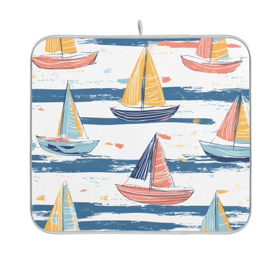 Yayeee Dish Drying Mat for Kitchen Counter 16"x18" Microfiber Absorbent Pad, White Hand Drawn Sailboats