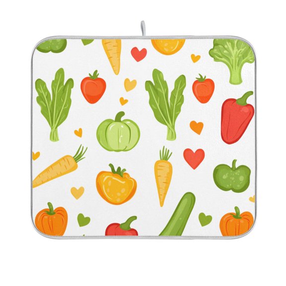 Yayeee Dish Drying Mat for Kitchen Counter 16"x18" Microfiber Absorbent Pad, White Vegetables Pattern
