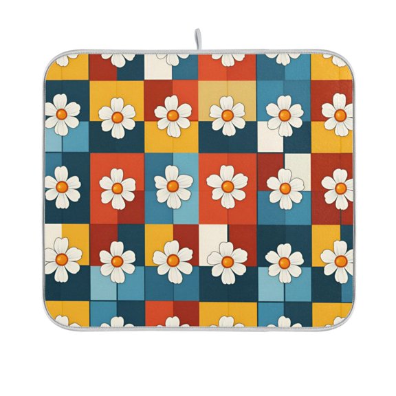 Yayeee Dish Drying Mat for Kitchen Counter 16"x18" Microfiber Absorbent Pad, Yellow Checkered Daisy