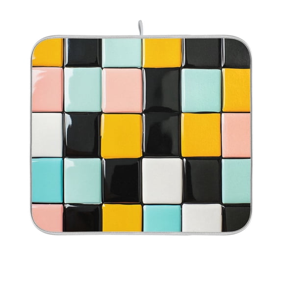 Yayeee Dish Drying Mat for Kitchen Counter 16"x18" Microfiber Absorbent Pad, Yellow Checkered Pattern