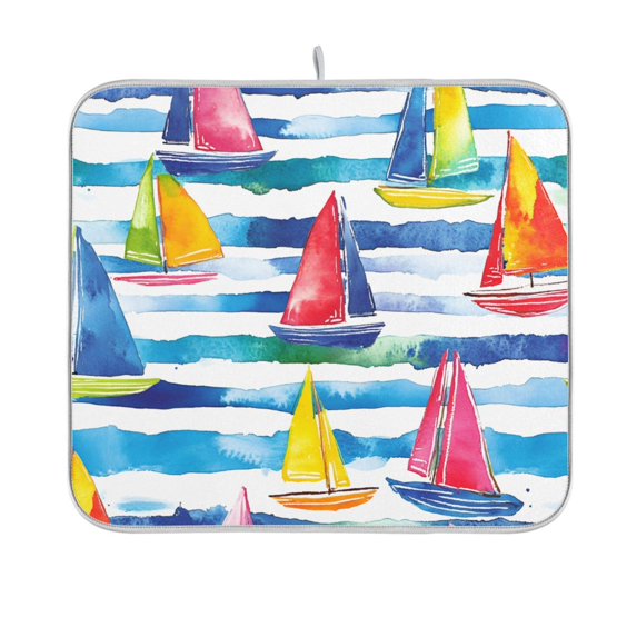 Yayeee Dish Drying Mat for Kitchen Counter 16"x18" Microfiber Absorbent Pad, Yellow Hand Drawn Sailboats
