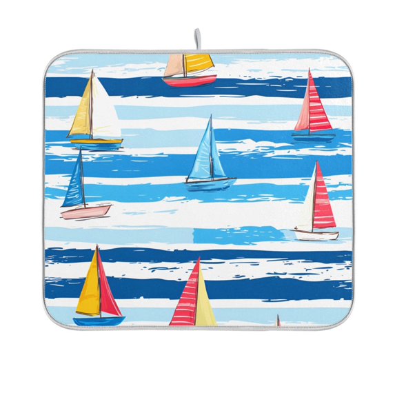 Yayeee Dish Drying Mat for Kitchen Counter 16"x18" Microfiber Absorbent Pad, Yellow Sailboats