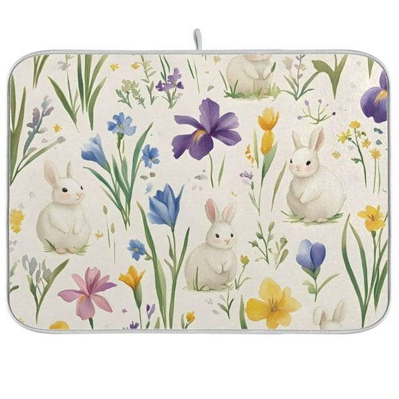 Yayeee Dish Drying Mat for Kitchen Counter 18"x24" Microfiber Absorbent Pad, Blue Floral Rabbit