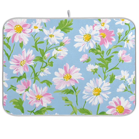 Yayeee Dish Drying Mat for Kitchen Counter 18"x24" Microfiber Absorbent Pad, Blue Floral