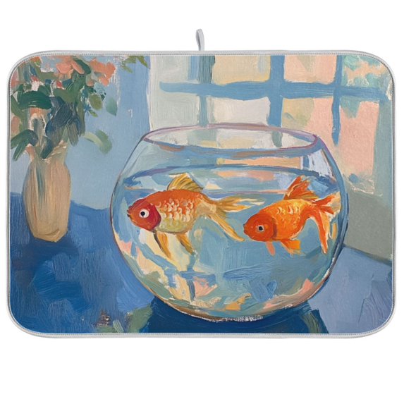 Yayeee Dish Drying Mat for Kitchen Counter 18"x24" Microfiber Absorbent Pad, Blue Goldfish