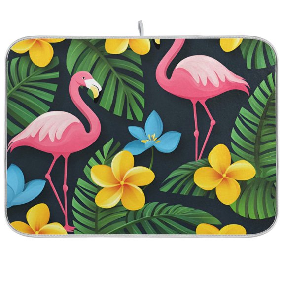 Yayeee Dish Drying Mat for Kitchen Counter 18"x24" Microfiber Absorbent Pad, Flamingo Floral Pattern