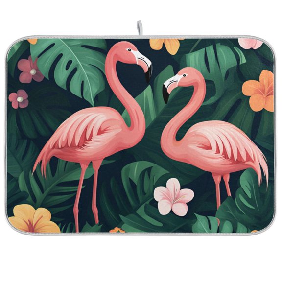 Yayeee Dish Drying Mat for Kitchen Counter 18"x24" Microfiber Absorbent Pad, Flamingo Leaves Pattern