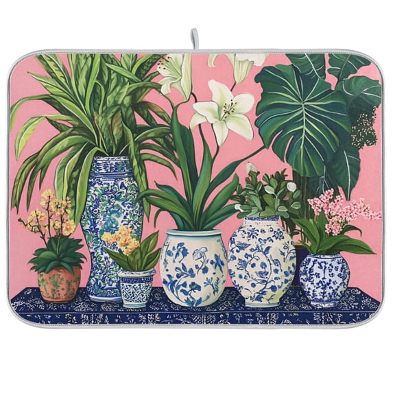 Yayeee Dish Drying Mat for Kitchen Counter 18"x24" Microfiber Absorbent Pad, Floral Vase