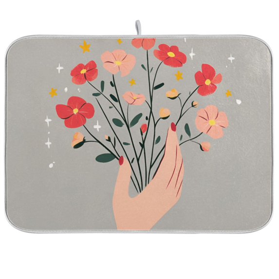 Yayeee Dish Drying Mat for Kitchen Counter 18"x24" Microfiber Absorbent Pad, Gray Flower