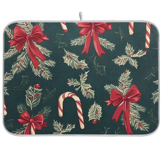 Yayeee Dish Drying Mat for Kitchen Counter 18"x24" Microfiber Absorbent Pad, Green Christmas Candy Canes