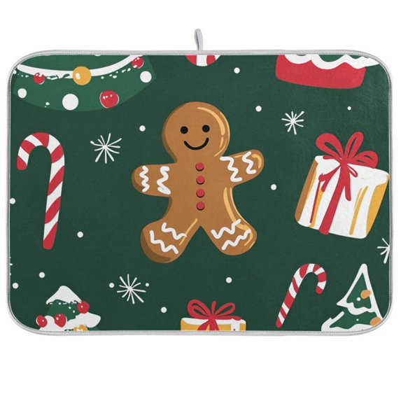 Yayeee Dish Drying Mat for Kitchen Counter 18"x24" Microfiber Absorbent Pad, Green Christmas Gingerbread