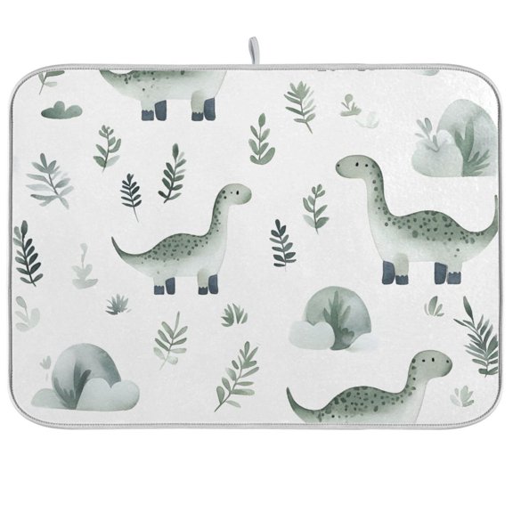 Yayeee Dish Drying Mat for Kitchen Counter 18"x24" Microfiber Absorbent Pad, Green Dinosaur Pattern