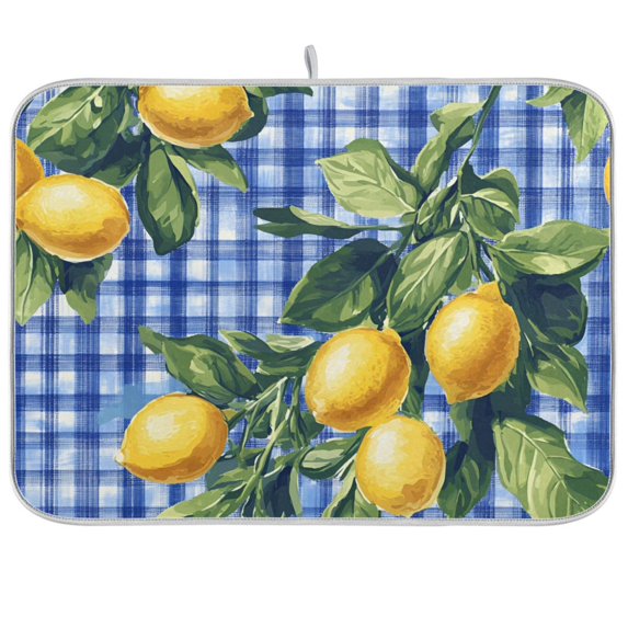 Yayeee Dish Drying Mat for Kitchen Counter 18"x24" Microfiber Absorbent Pad, Green Lemon Plaid