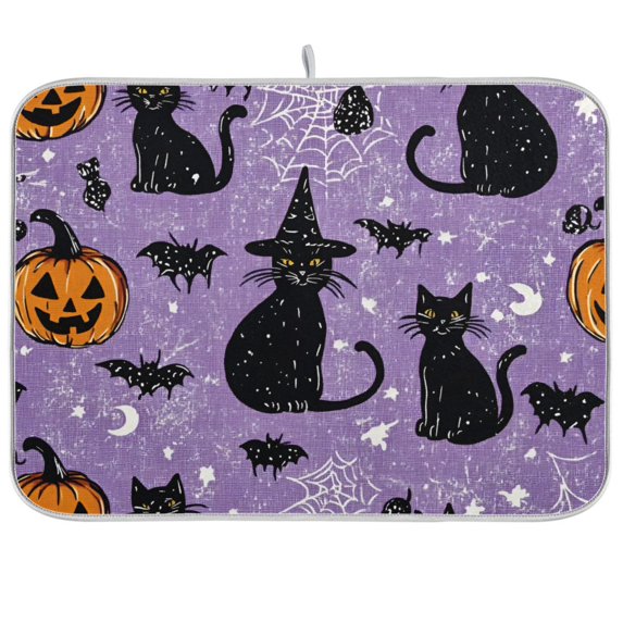 Yayeee Dish Drying Mat for Kitchen Counter 18"x24" Microfiber Absorbent Pad, Halloween Cats