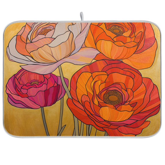 Yayeee Dish Drying Mat for Kitchen Counter 18"x24" Microfiber Absorbent Pad, Orange Abstract Floral