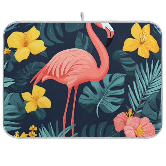 Yayeee Dish Drying Mat for Kitchen Counter 18"x24" Microfiber Absorbent Pad, Pink Floral Flamingo