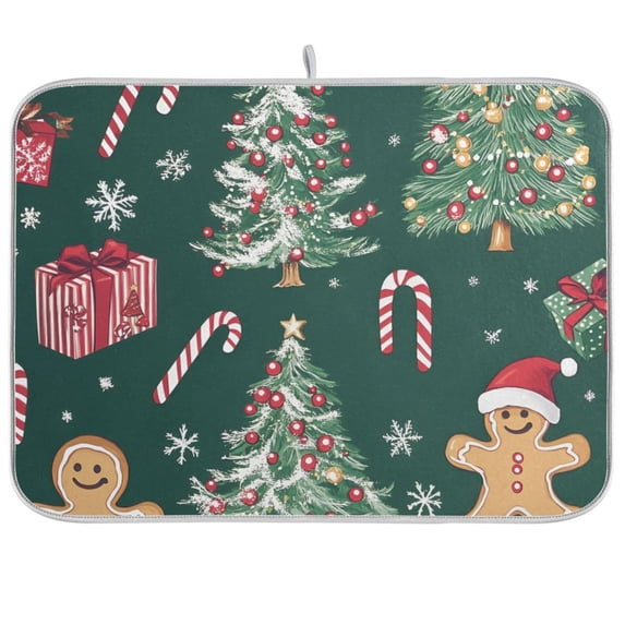 Yayeee Dish Drying Mat for Kitchen Counter 18"x24" Microfiber Absorbent Pad, Red Christmas Gingerbread