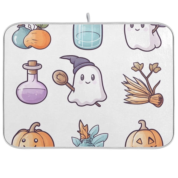 Yayeee Dish Drying Mat for Kitchen Counter 18"x24" Microfiber Absorbent Pad, White Halloween Ghost