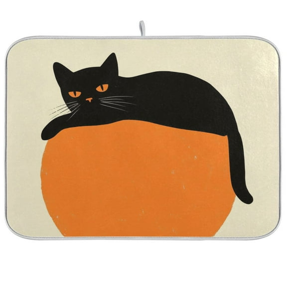 Yayeee Dish Drying Mat for Kitchen Counter Ultra Absorbent Easy Clean Pad 18x16", Black Cat Orange Ball