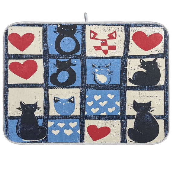 Yayeee Dish Drying Mat for Kitchen Counter Ultra Absorbent Easy Clean Pad 18x16", Black Cats and Hearts