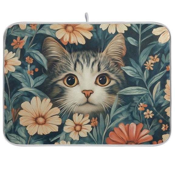 Yayeee Dish Drying Mat for Kitchen Counter Ultra Absorbent Easy Clean Pad 18x16", Flowers Cat