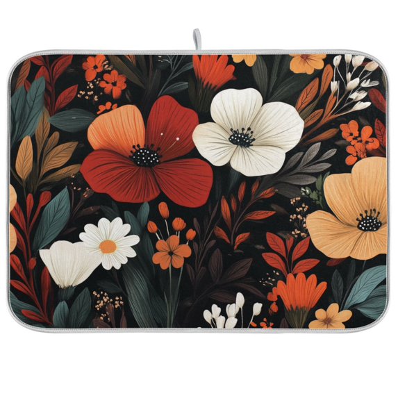 Yayeee Dish Drying Mat for Kitchen Counter Ultra Absorbent Easy Clean Pad 18x16", Red Flowers Pattern