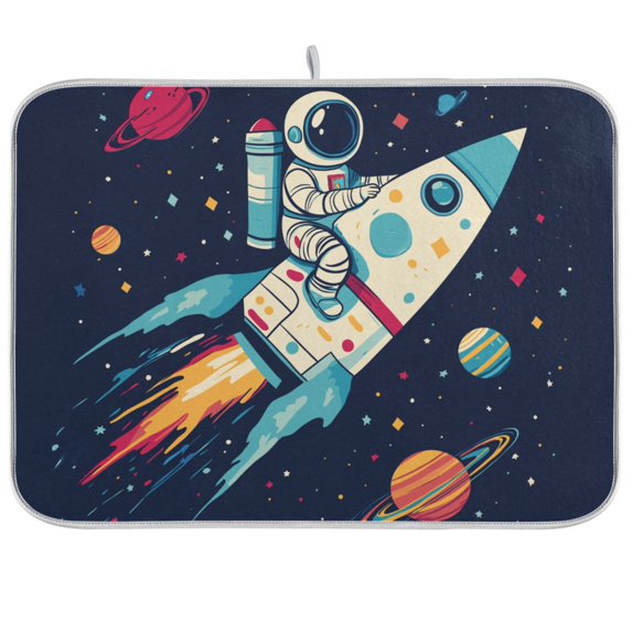 Yayeee Dish Drying Mat for Kitchen Counter Ultra Absorbent Easy Clean Pad 18x16", Rocket Pattern