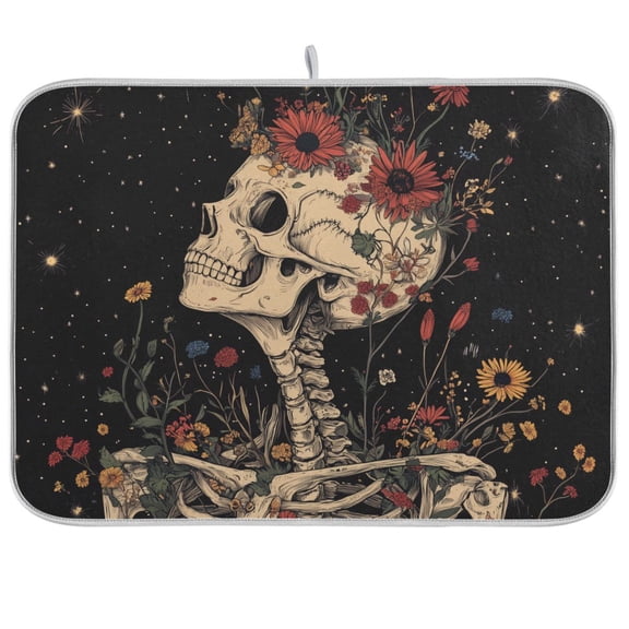 Yayeee Dish Drying Mat for Kitchen Counter Ultra Absorbent Easy Clean Pad 18x16", Skeleton with Flowers Pattern