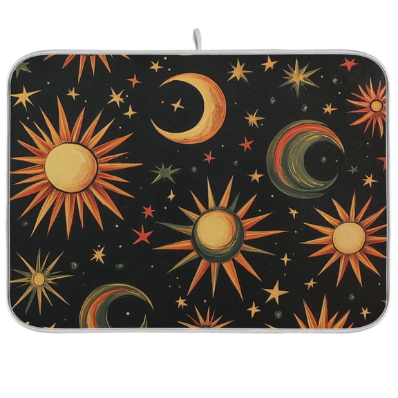 Yayeee Dish Drying Mat for Kitchen Counter Ultra Absorbent Easy Clean Pad 18x16", Sun Moon and Stars Pattern