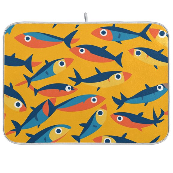 Yayeee Dish Drying Mat for Kitchen Counter Ultra Absorbent Easy Clean Pad 18x16", Yellow Sardines Pattern