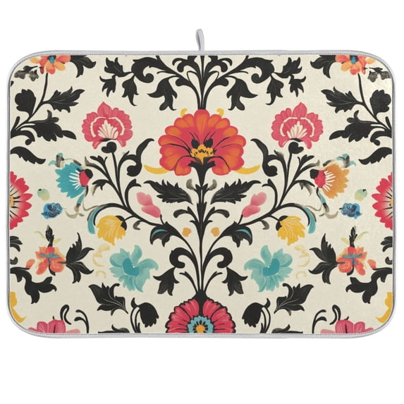 Yayeee Dish Drying Mat for Kitchen Counter Ultra Absorbent Easy Clean Pad 24x18", Beige Red Floral