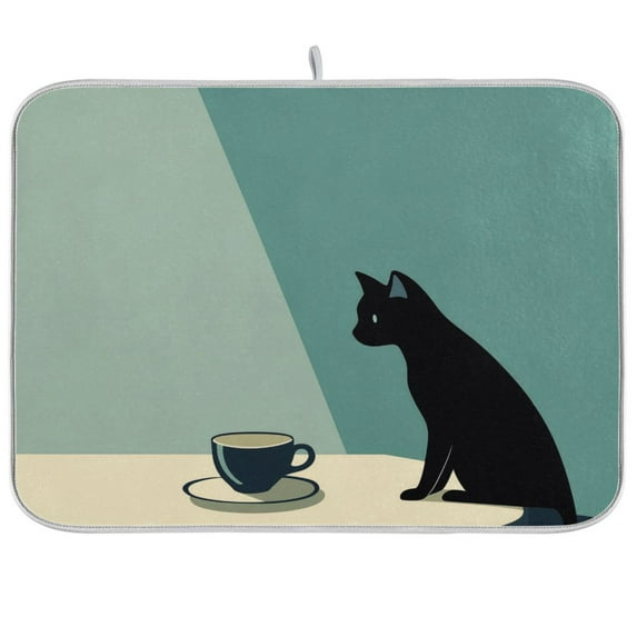 Yayeee Dish Drying Mat for Kitchen Counter Ultra Absorbent Easy Clean Pad 24x18", Black Cat