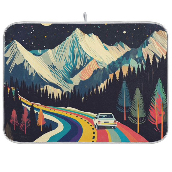 Yayeee Dish Drying Mat for Kitchen Counter Ultra Absorbent Easy Clean Pad 24x18", Evening Mountain Road