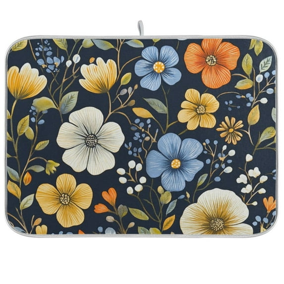 Yayeee Dish Drying Mat for Kitchen Counter Ultra Absorbent Easy Clean Pad 24x18", Navy Floral Pattern