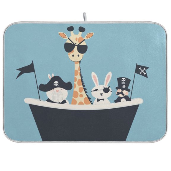Yayeee Dish Drying Mat for Kitchen Counter Ultra Absorbent Easy Clean Pad 24x18", Pirate Animals