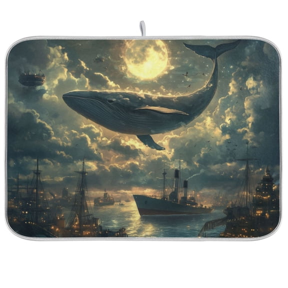Yayeee Dish Drying Mat for Kitchen Counter Ultra Absorbent Easy Clean Pad 24x18", Whale and Moon