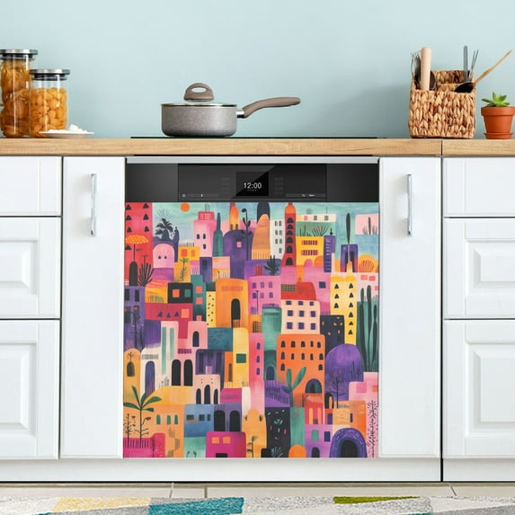 Yayeee Magnetic Dishwasher Cover for The Front Decoration Home Kitchen Machine Sticker Protector, Art Buildings