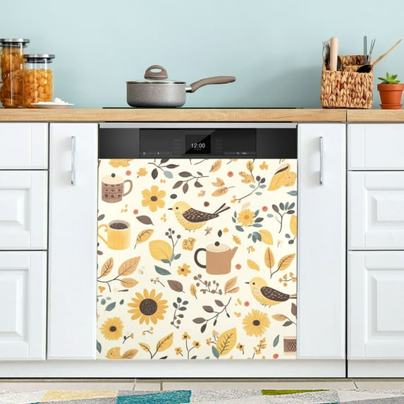 Yayeee Magnetic Dishwasher Cover for The Front Decoration Home Kitchen Machine Sticker Protector, Beige Birds Floral