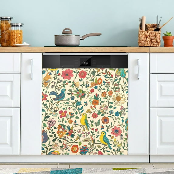 Yayeee Magnetic Dishwasher Cover for The Front Decoration Home Kitchen Machine Sticker Protector, Beige Cartoon Animals