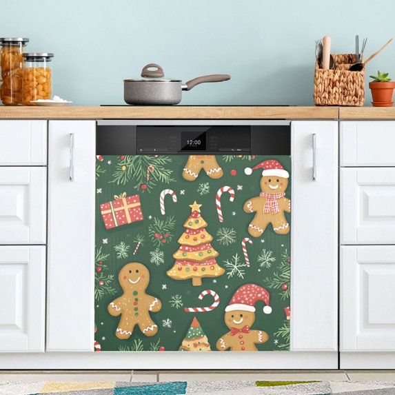 Yayeee Magnetic Dishwasher Cover for The Front Decoration Home Kitchen Machine Sticker Protector, Beige Christmas Gingerbread