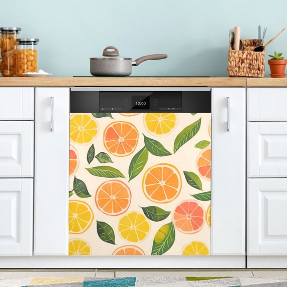Yayeee Magnetic Dishwasher Cover for The Front Decoration Home Kitchen Machine Sticker Protector, Beige Citrus Leaves